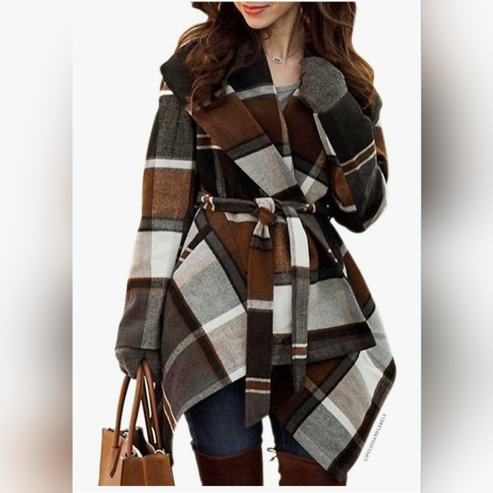 Chicwish Plaid Wrap Jacket in Brown and Gray